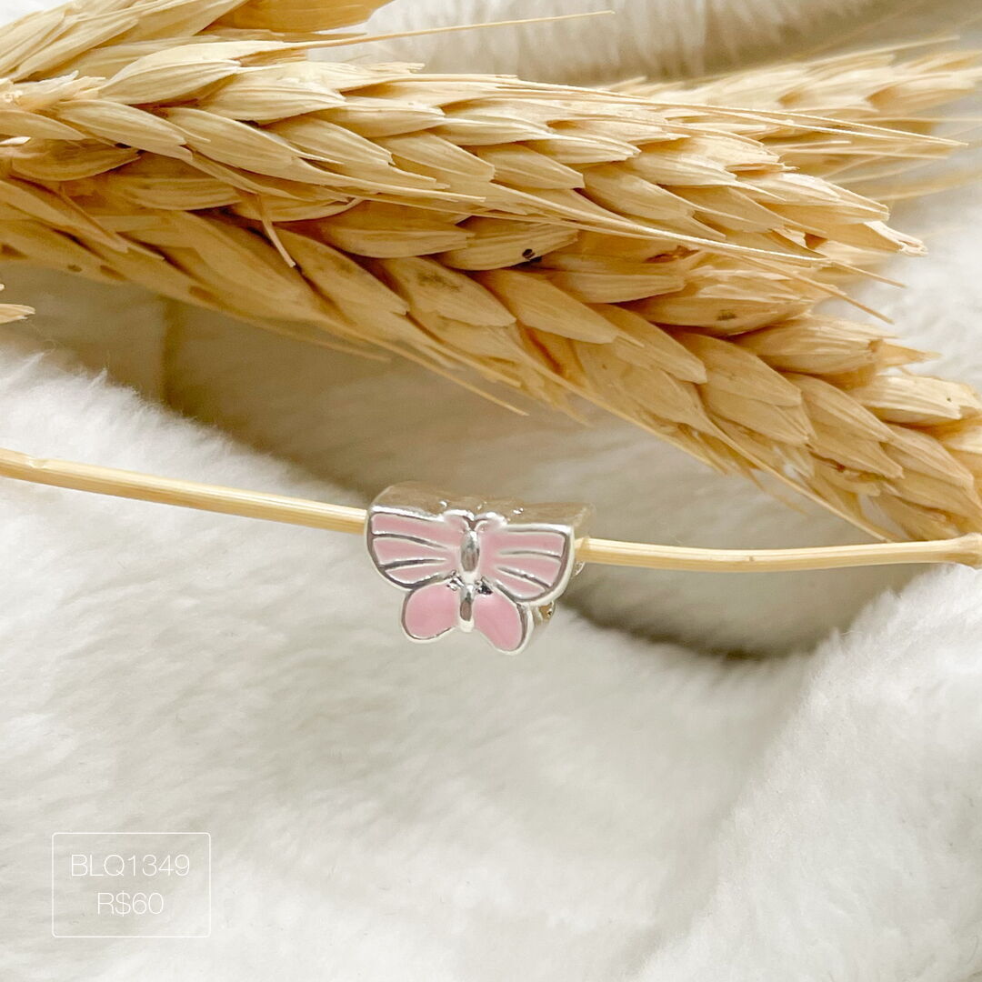 Berloque Borboleta Rosa Passador Esmaltado Prateado